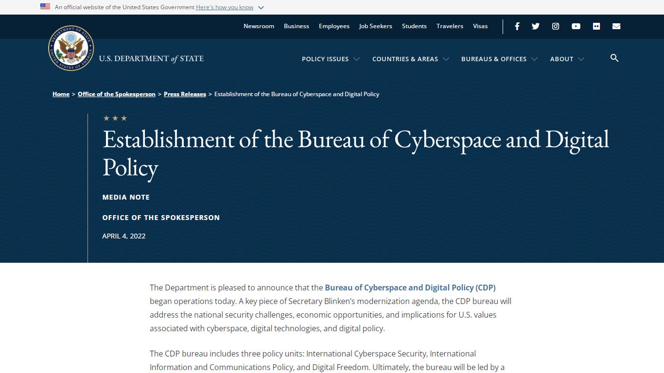 Establishment of the Bureau of Cyberspace and Digital Policy